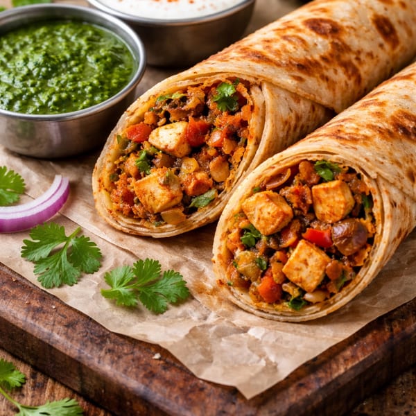 Two Indian kathi rolls filled with paneer and vegetables, served with green chutney and yogurt dip.